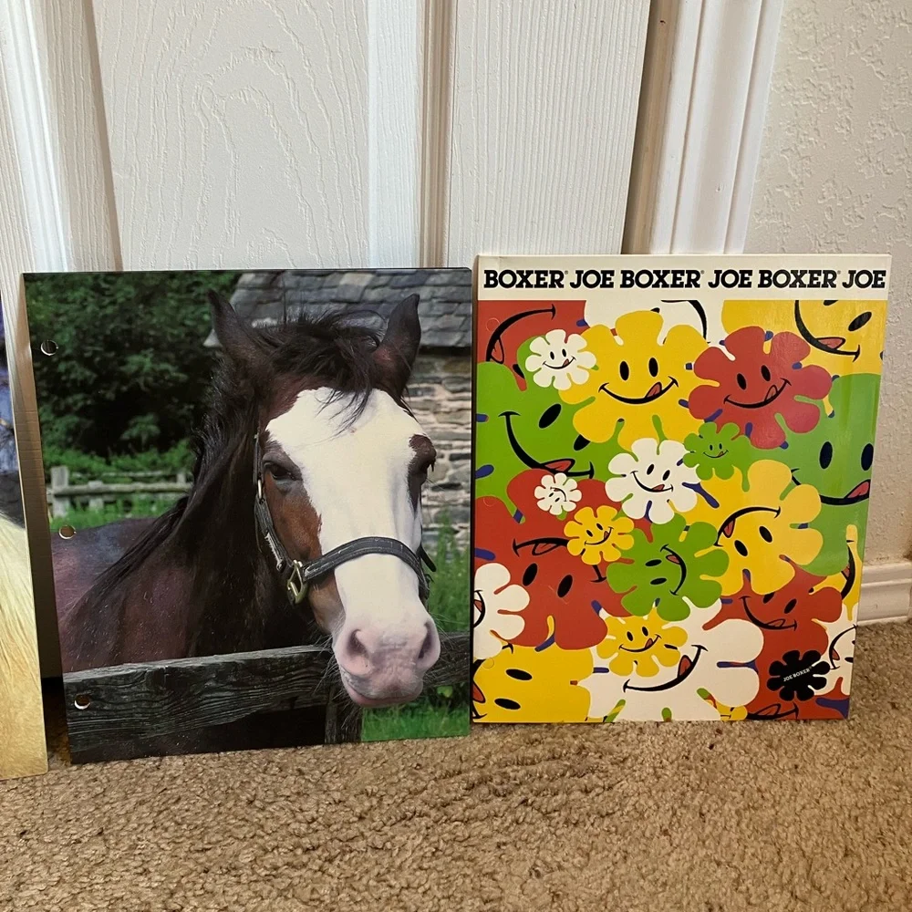 Y2K Pocket binder folders bundle—3 horse folders 1 Joe Boxer smiley face print